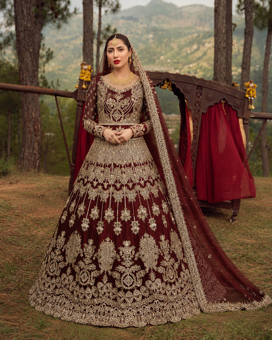 Gorgent Red Velvet Bridal Lehenga with Golden Work — SKU P 5023