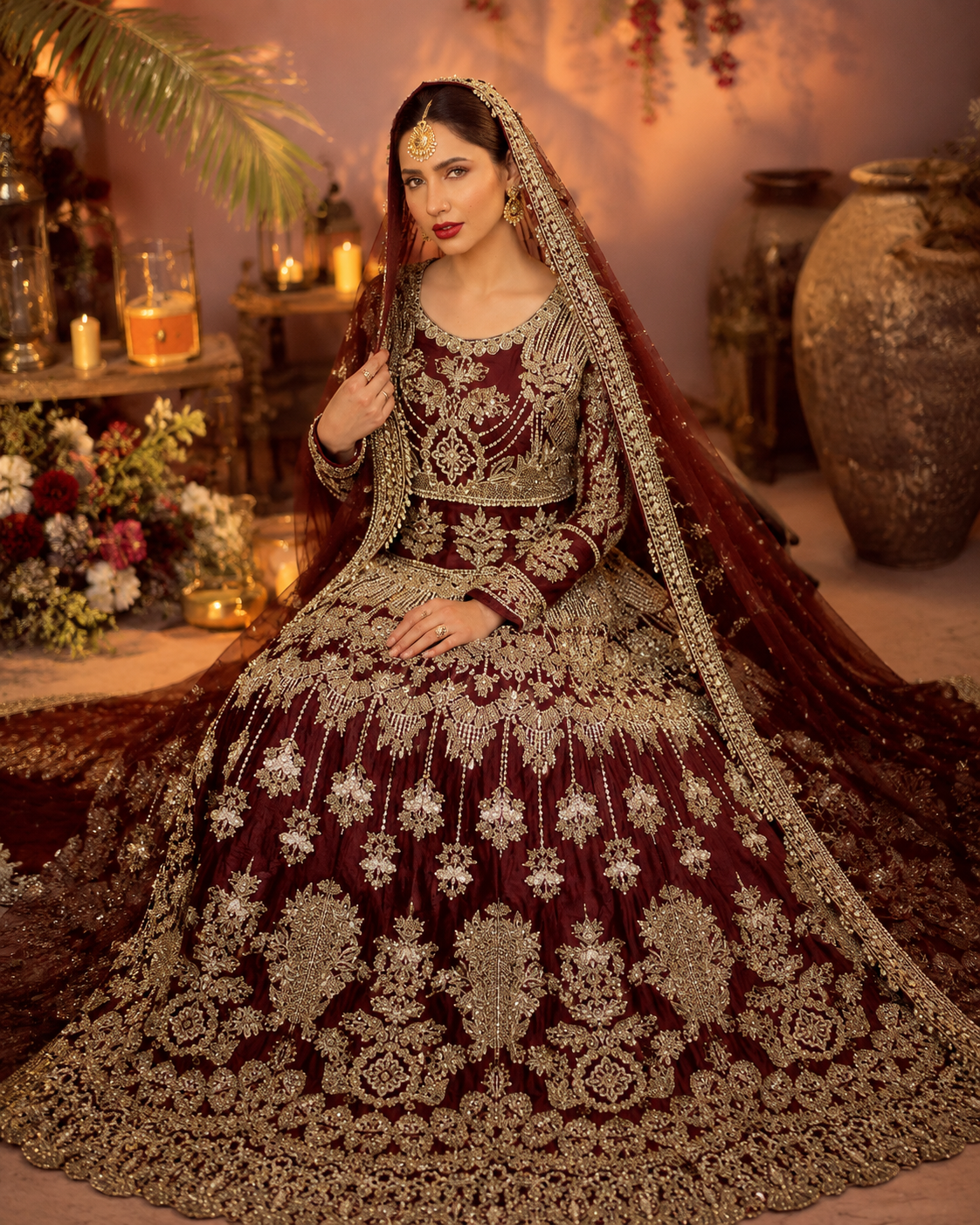 Gorgent Red Velvet Bridal Lehenga with Golden Work — SKU P 5023