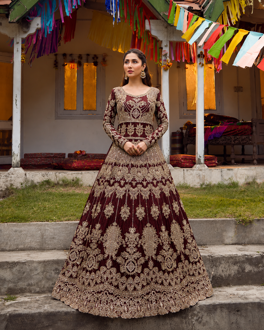 Gorgent Red Velvet Bridal Lehenga with Golden Work — SKU P 5023