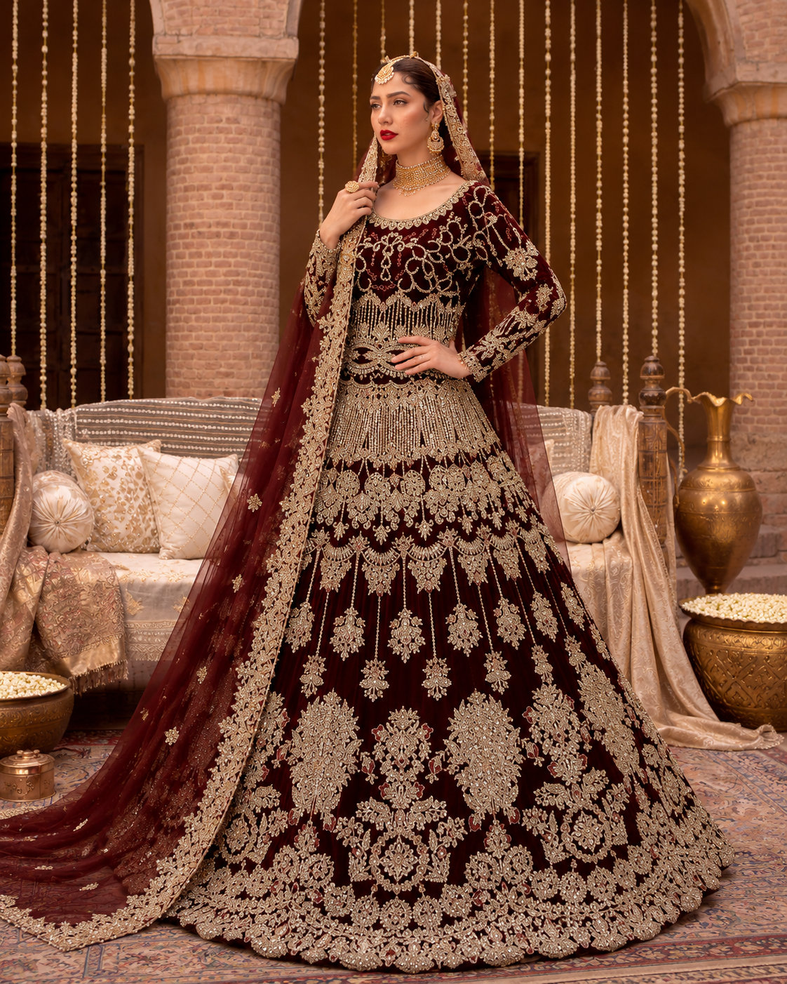 Gorgent Maroon Velvet Bridal Lehenga with Golden Work — SKU P 5024