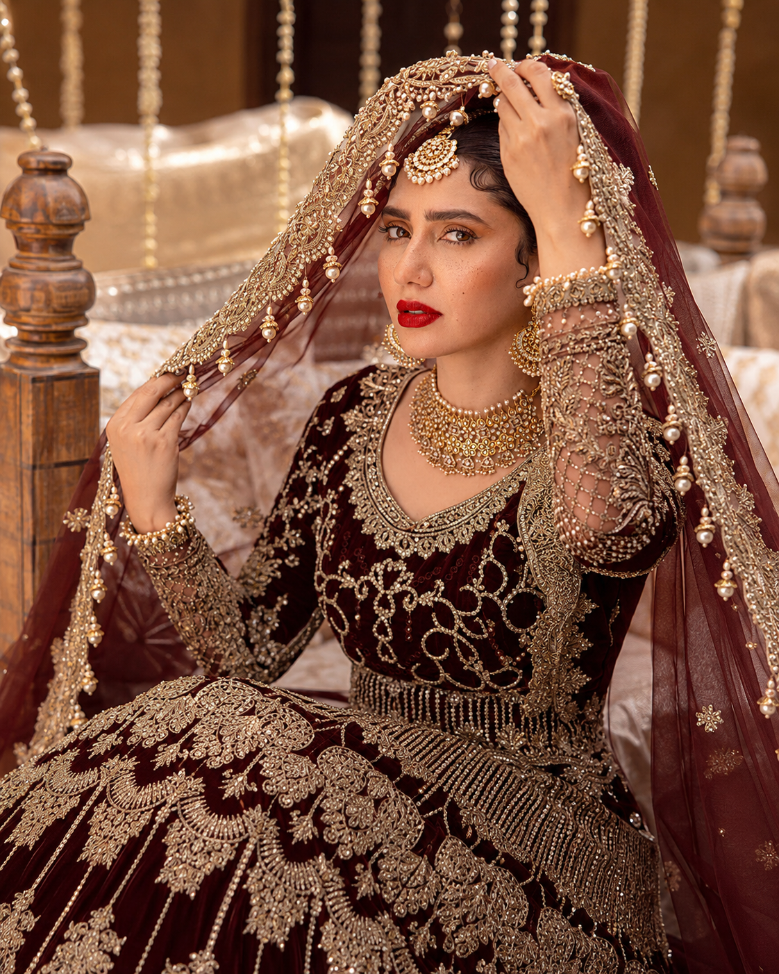 Gorgent Maroon Velvet Bridal Lehenga with Golden Work — SKU P 5024