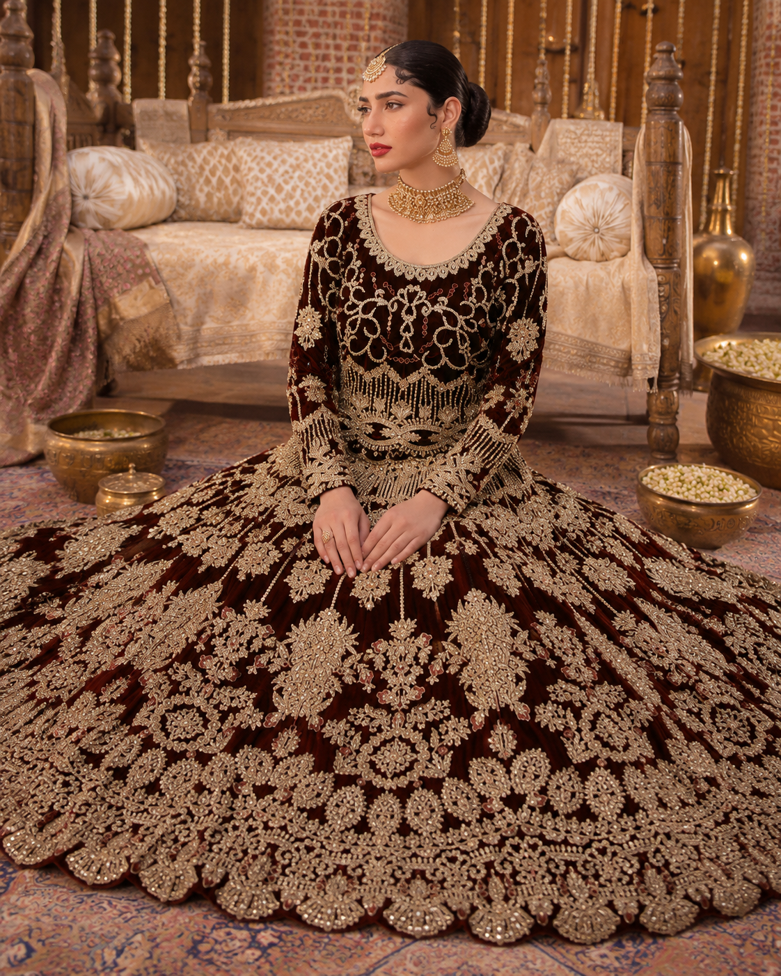 Gorgent Maroon Velvet Bridal Lehenga with Golden Work — SKU P 5024