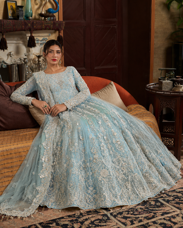 Gorgent Aqua Blue Bridal Maxi with Silver Work — SKU P 5025