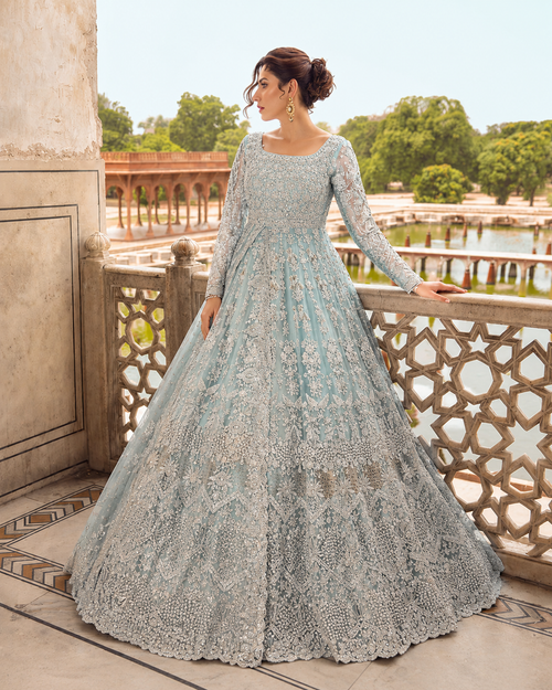 Gorgent Aqua Blue Bridal Maxi with Silver Work — SKU P 5025