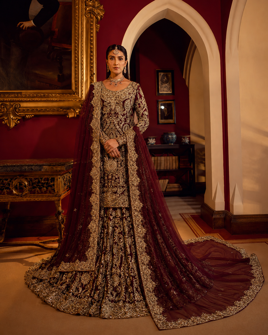 Gorgent Deep Red Velvet Bridal Farshi Lehenga — SKU P 5030