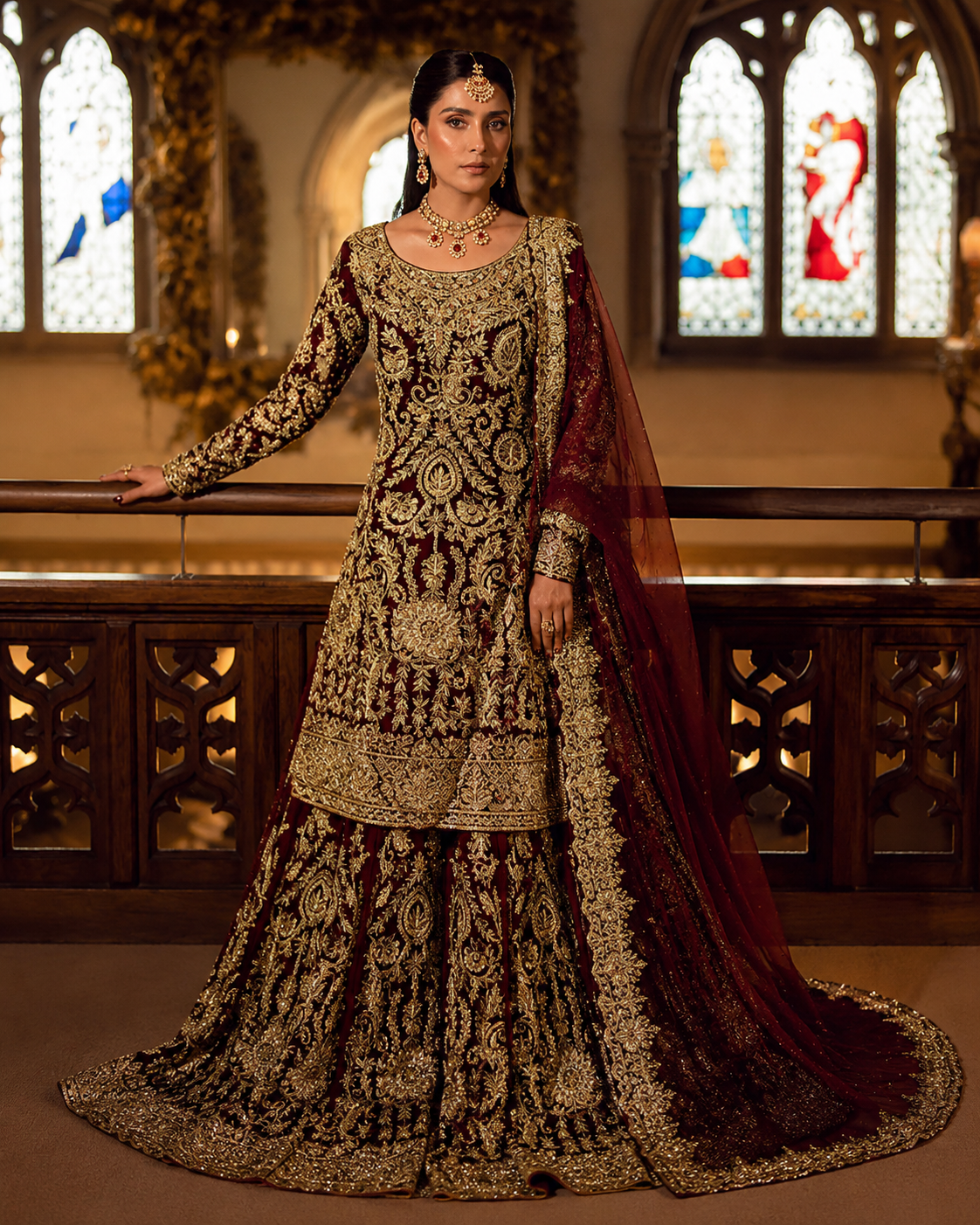 Gorgent Deep Red Velvet Bridal Farshi Lehenga — SKU P 5030