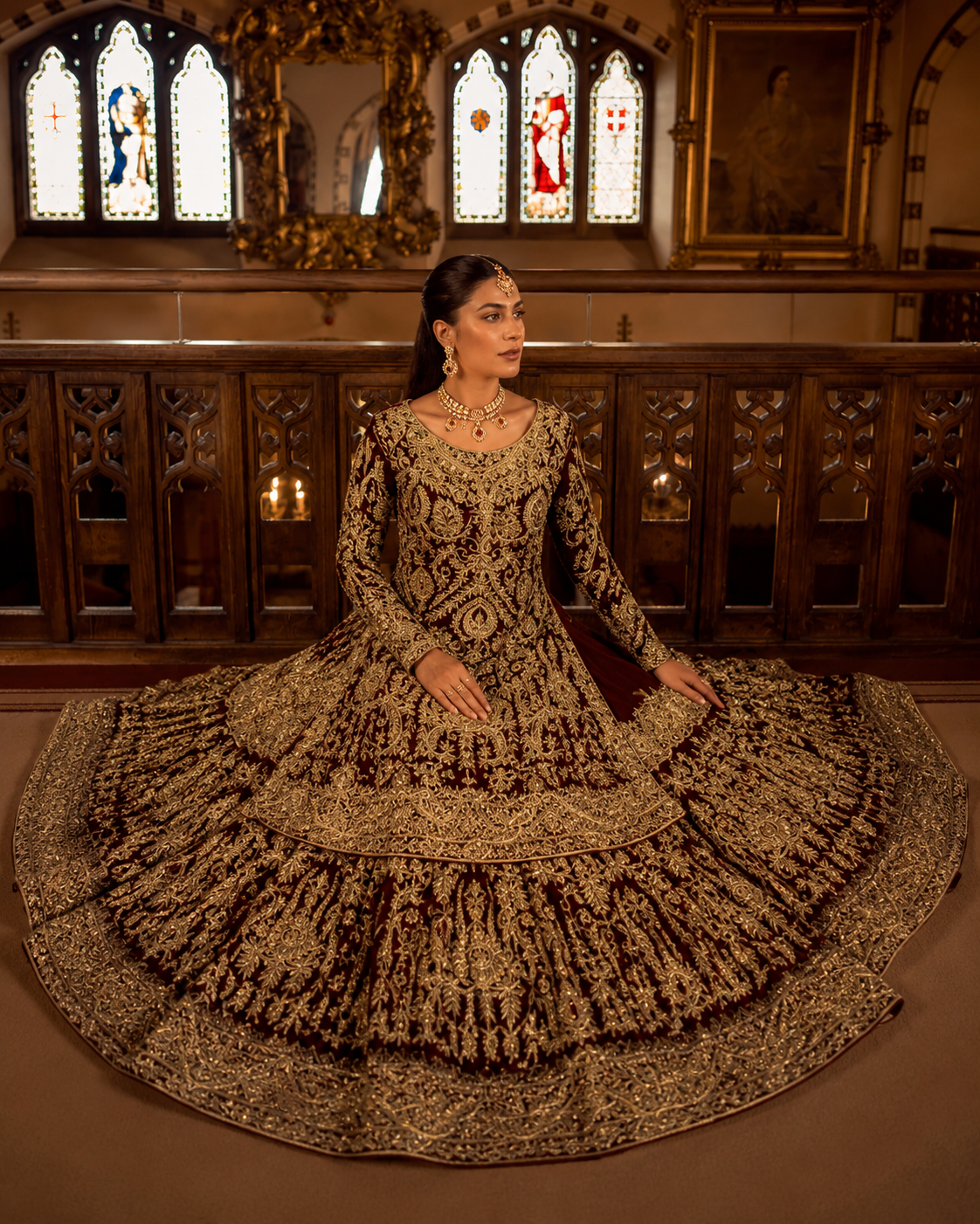 Gorgent Deep Red Velvet Bridal Farshi Lehenga — SKU P 5030