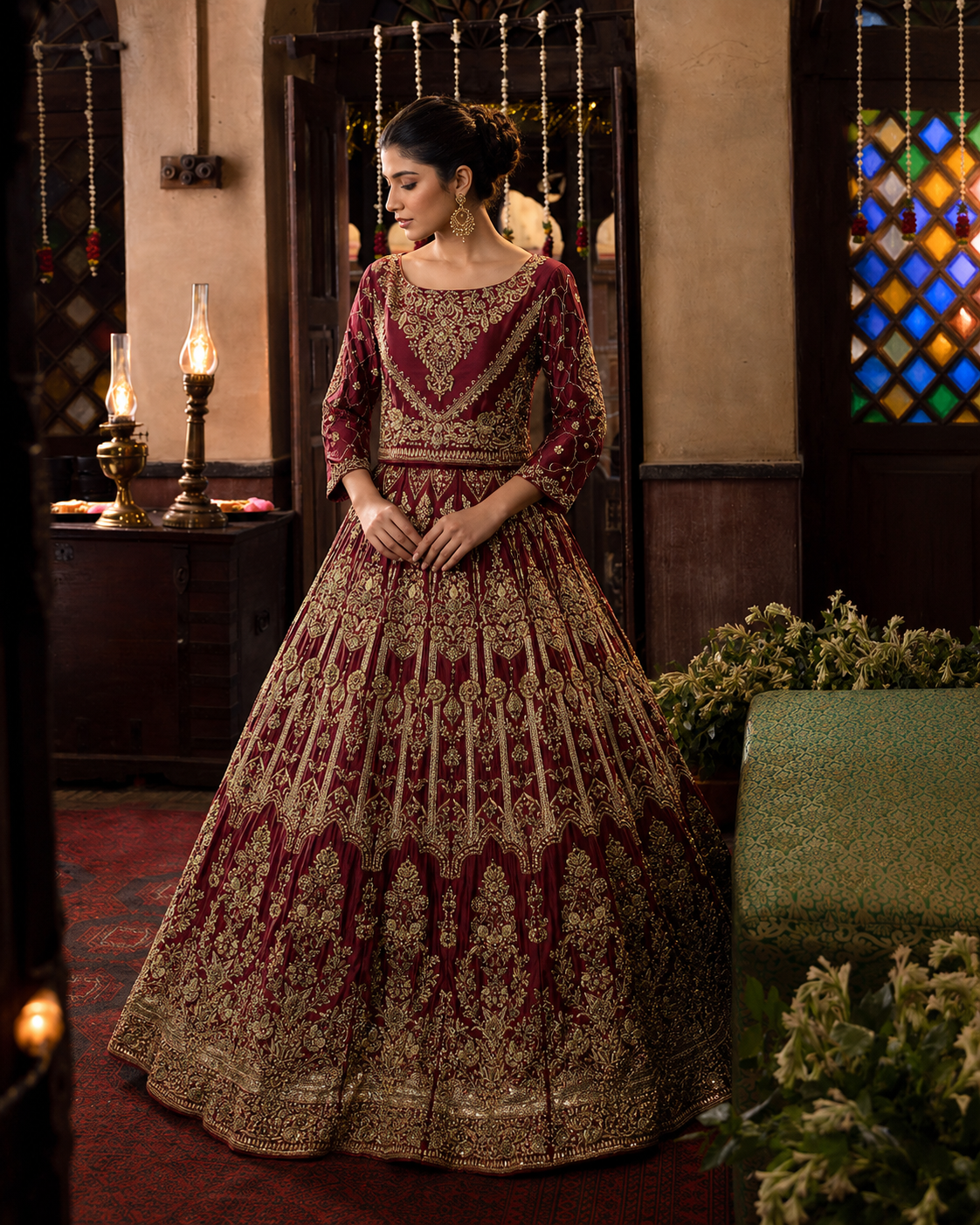 Gorgent Red Silk Bridal Lehenga with Golden Work — SKU P 5027