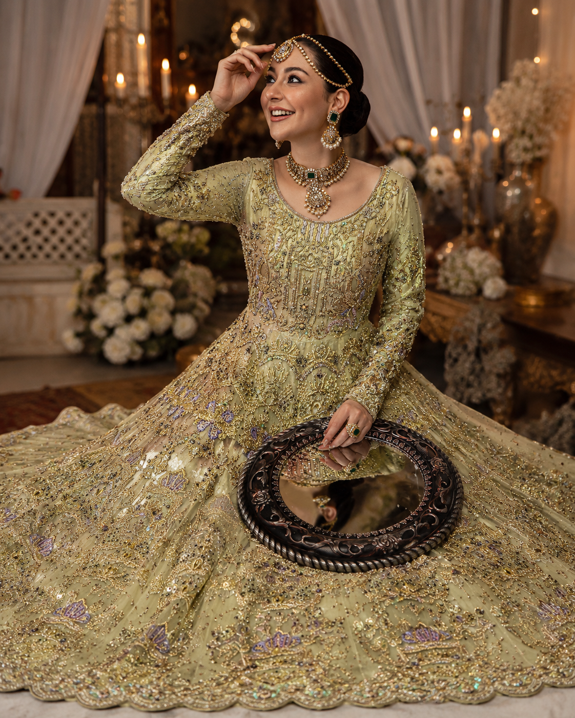 Gorgent Pistachio Bridal Maxi with Golden & Multi Work — SKU P 5028