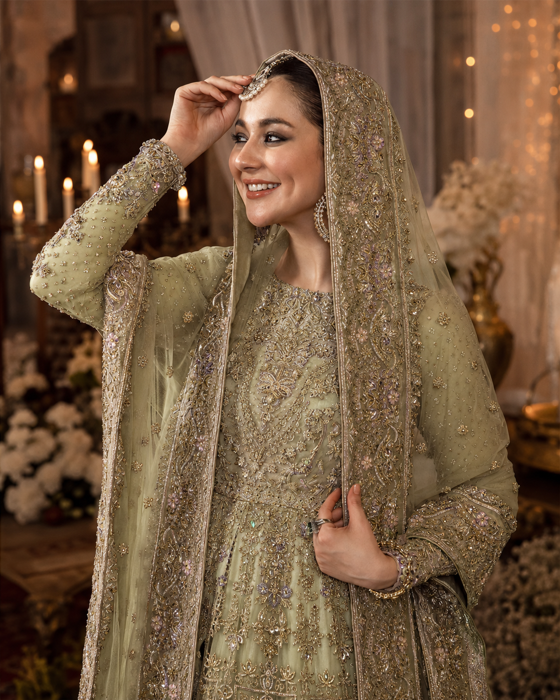 Gorgent Pistachio Bridal Maxi with Golden & Multi Work — SKU P 5028