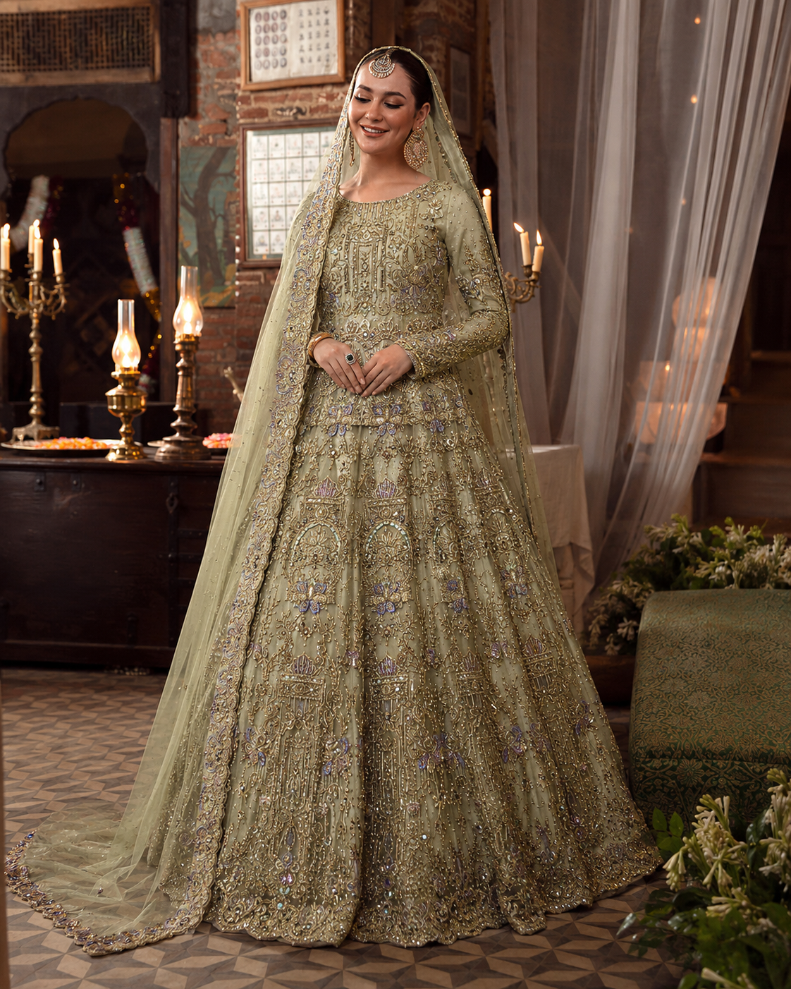 Gorgent Pistachio Bridal Maxi with Golden & Multi Work — SKU P 5028