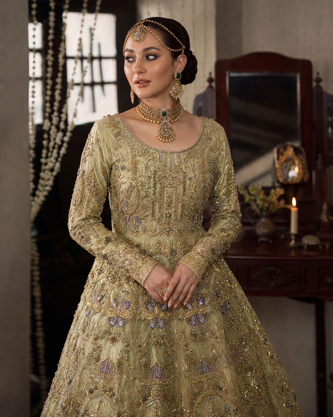 Gorgent Pistachio Bridal Maxi with Golden & Multi Work — SKU P 5028