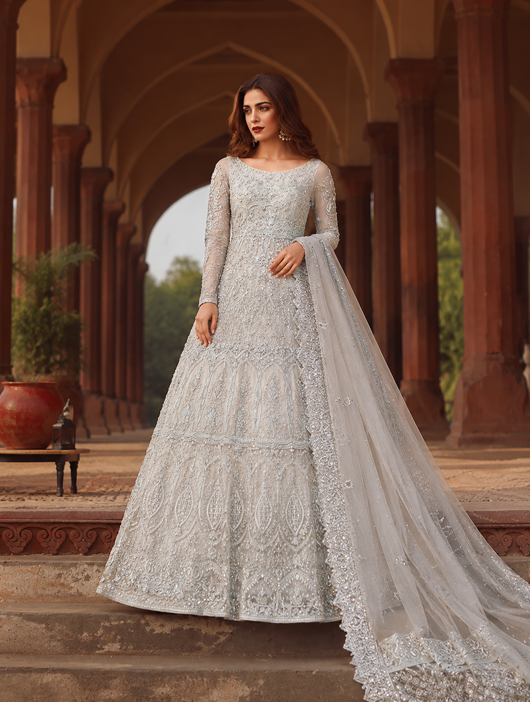 Gorgent Dusty Peach Bridal Maxi with Silver Work — SKU P 5029