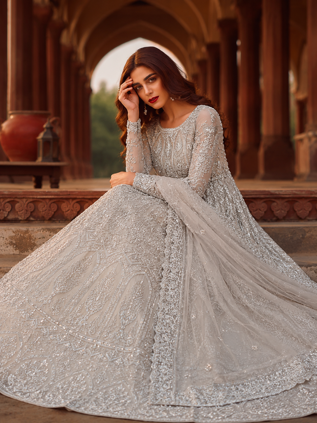 Gorgent Dusty Peach Bridal Maxi with Silver Work — SKU P 5029