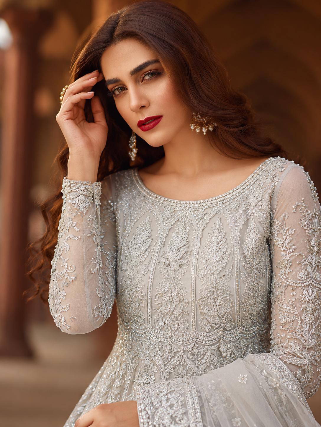 Gorgent Dusty Peach Bridal Maxi with Silver Work — SKU P 5029