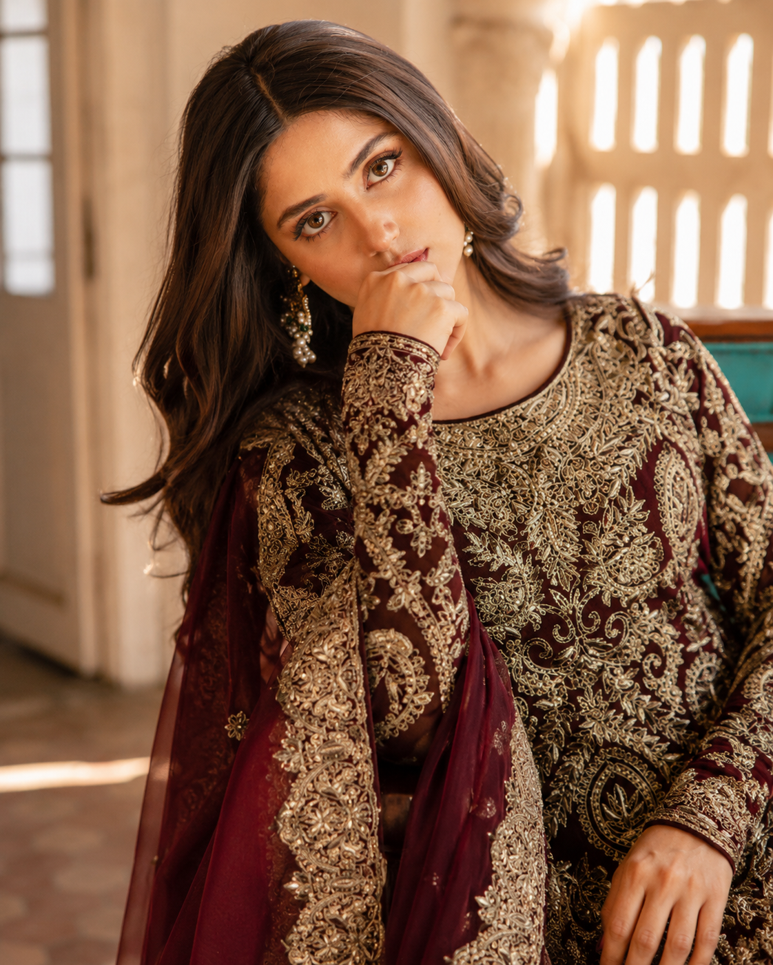 Gorgent Deep Red Velvet Bridal Farshi Lehenga — SKU P 5030
