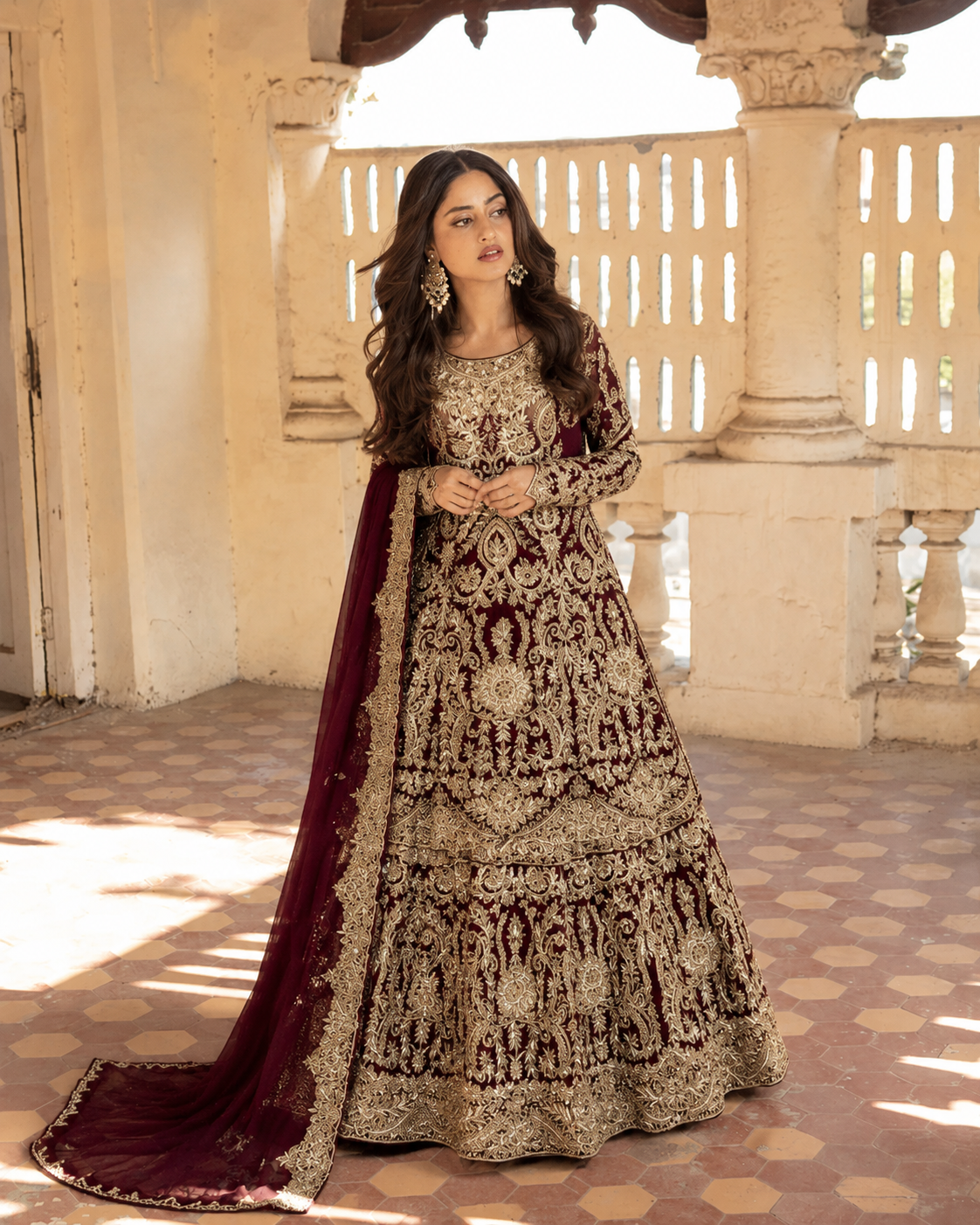 Gorgent Deep Red Velvet Bridal Farshi Lehenga — SKU P 5030