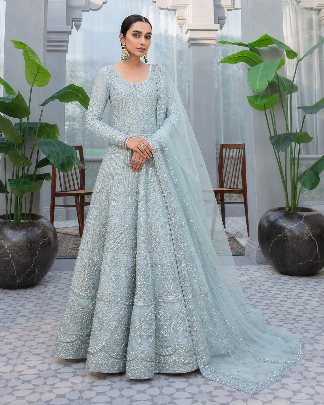 Gorgent Ice Blue Bridal Maxi with Silver Work — SKU P 5031