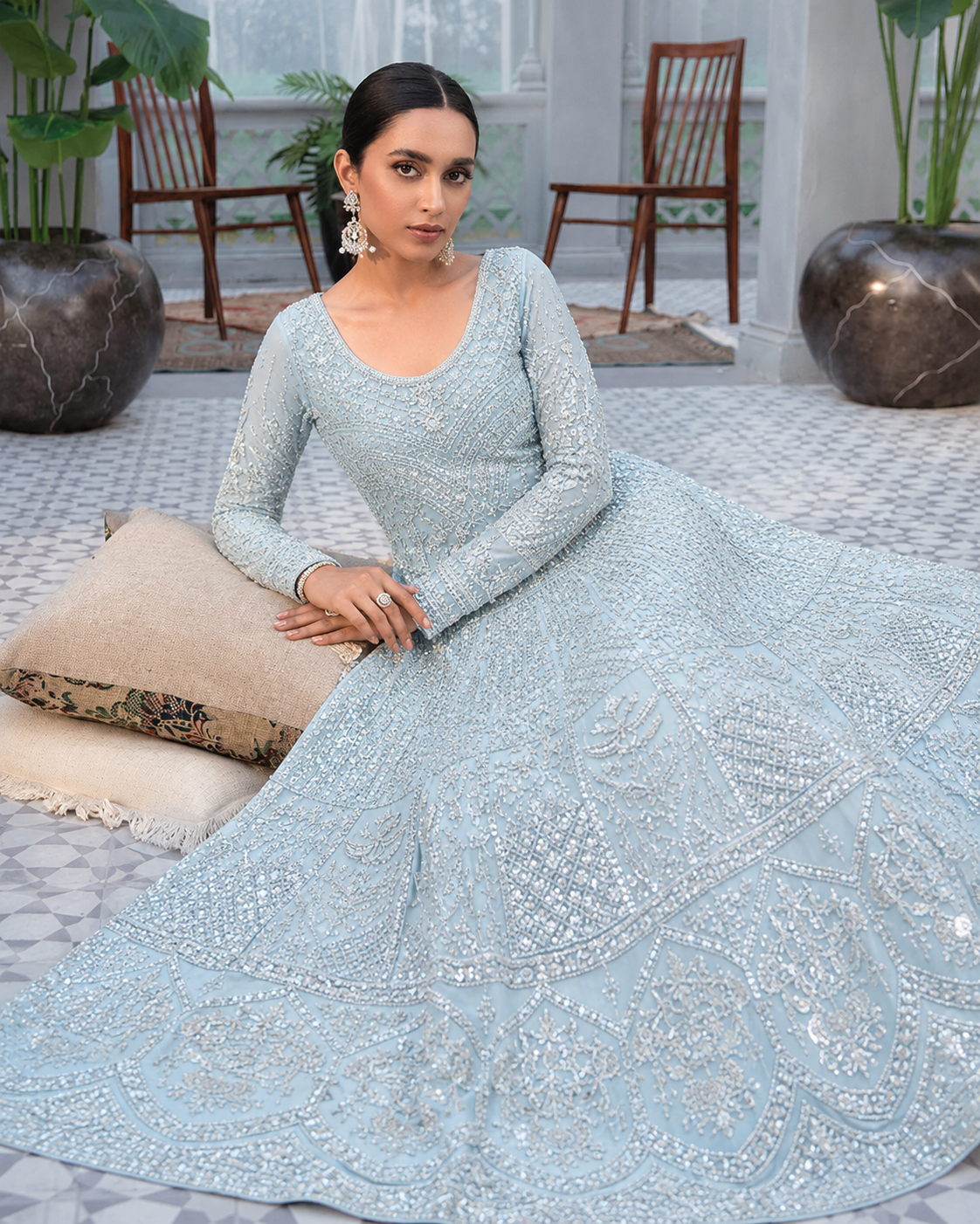 Gorgent Ice Blue Bridal Maxi with Silver Work — SKU P 5031
