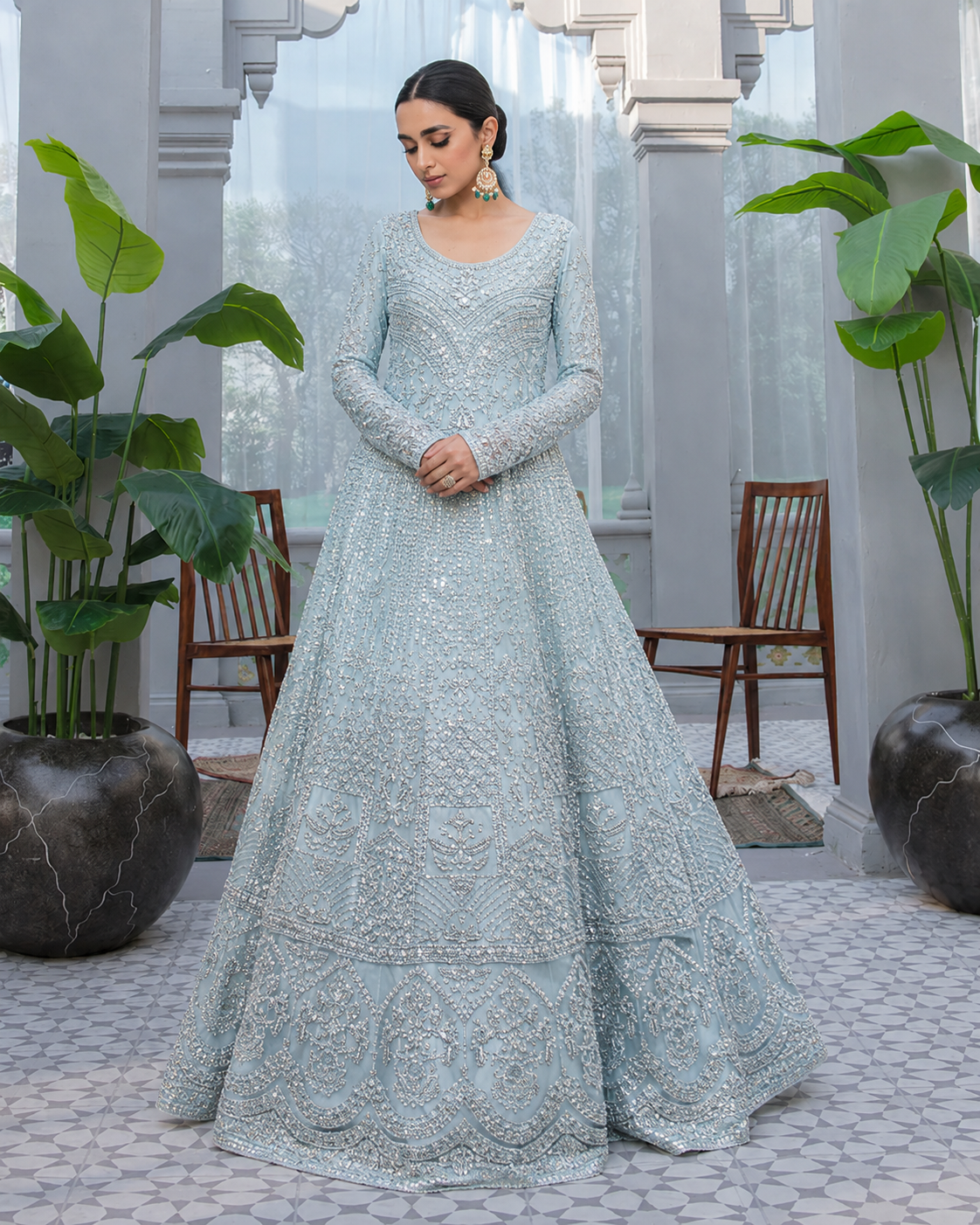 Gorgent Ice Blue Bridal Maxi with Silver Work — SKU P 5031