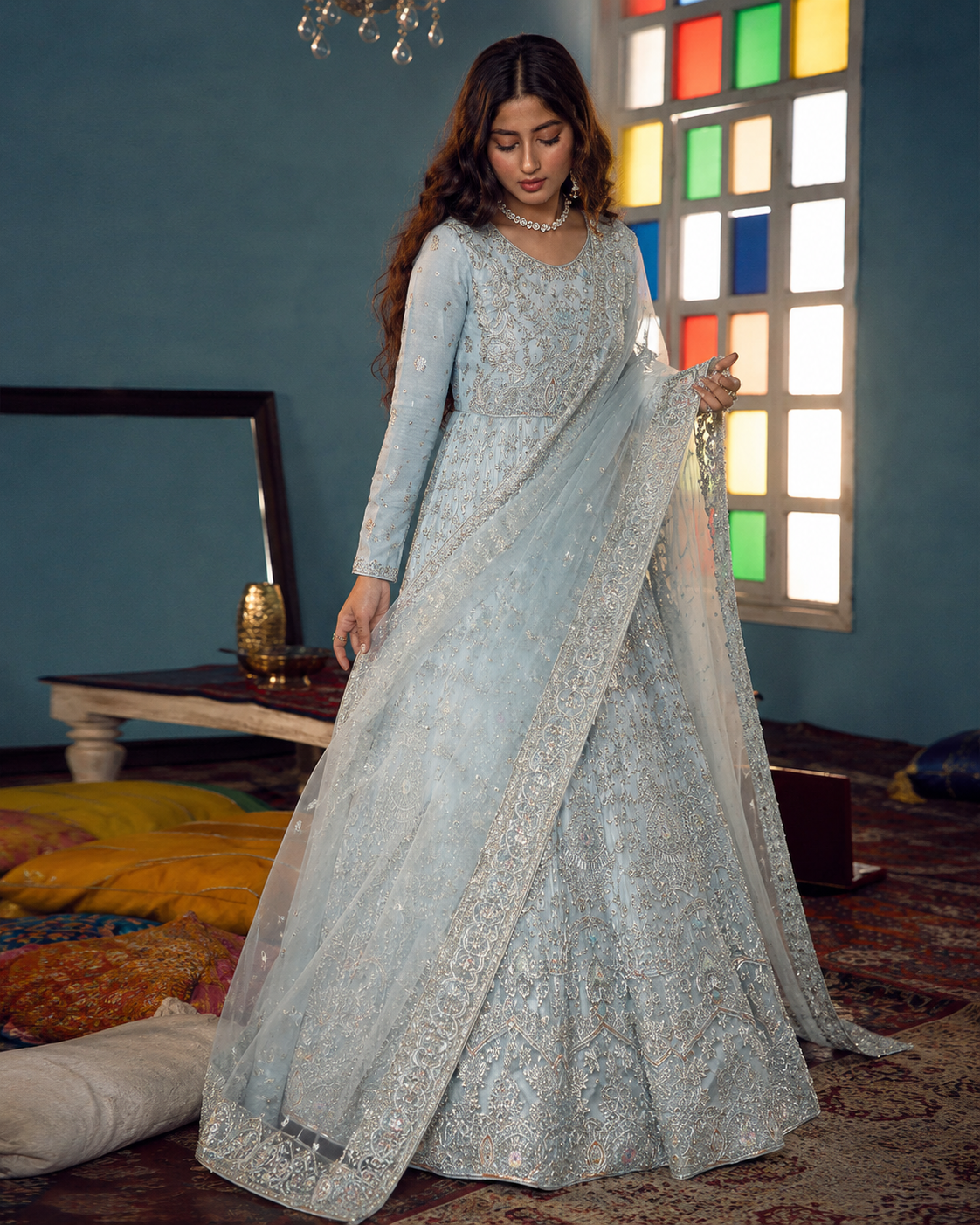Gorgent Ice Blue Bridal Maxi with Silver Work — SKU P 5032