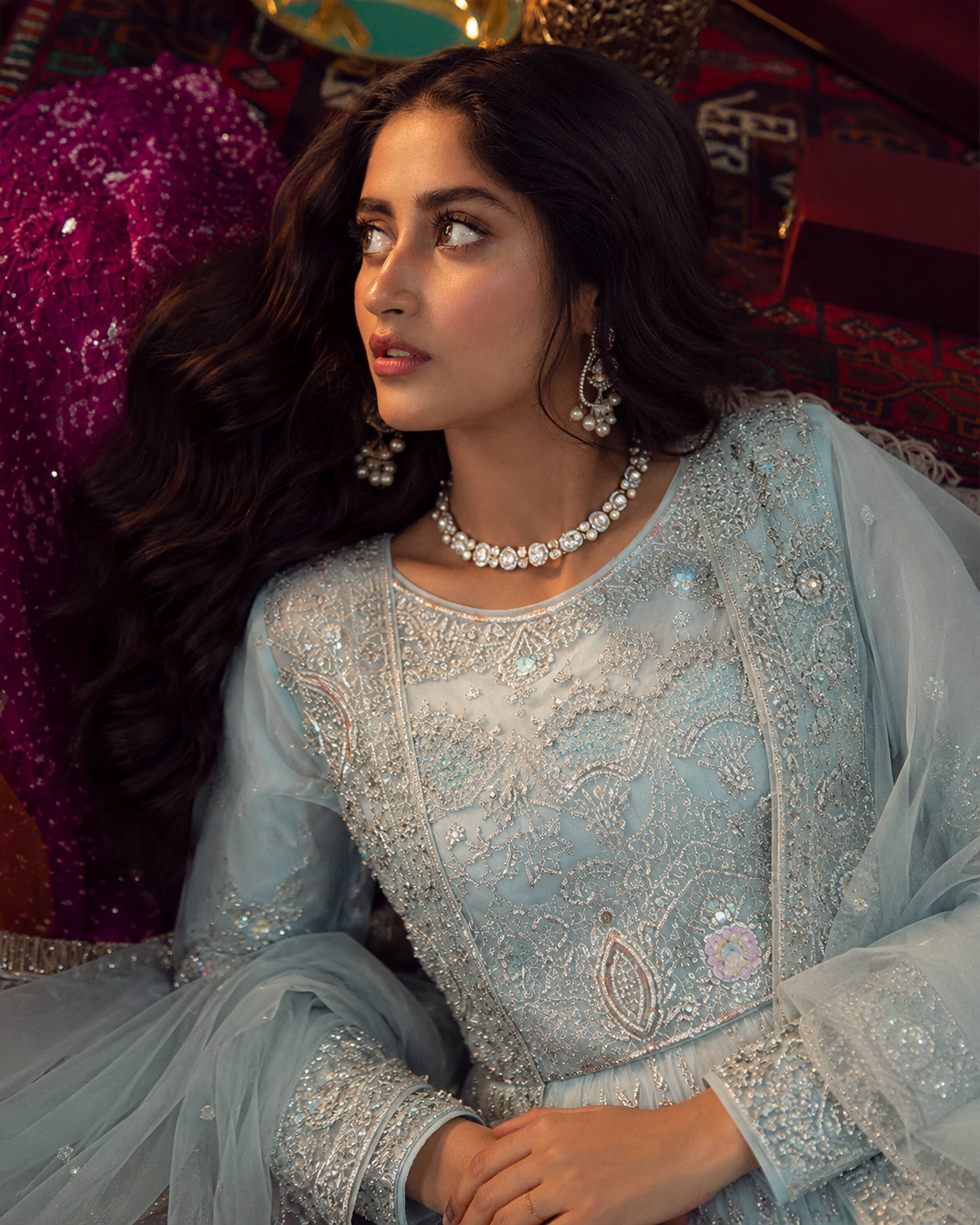 Gorgent Ice Blue Bridal Maxi with Silver Work — SKU P 5032