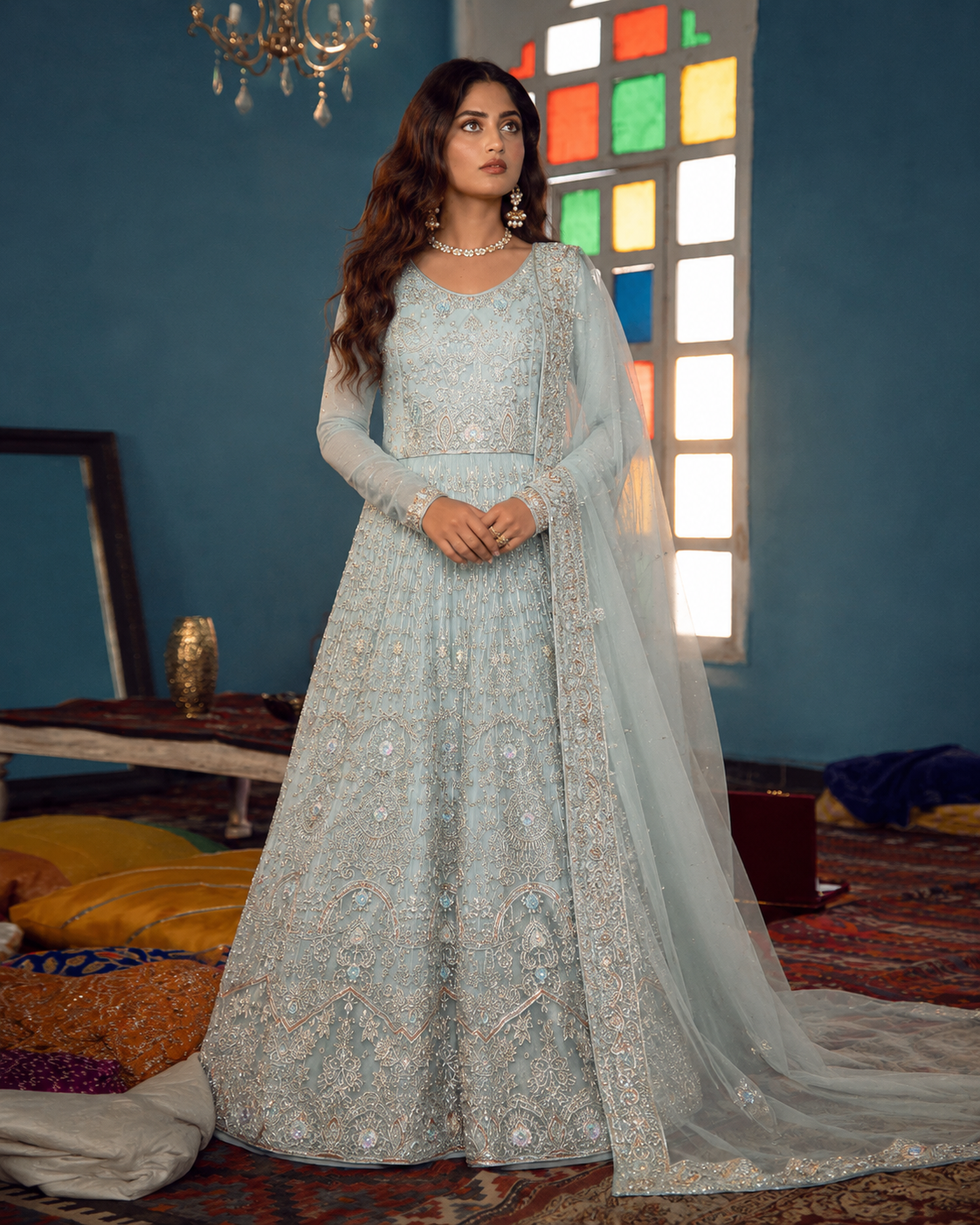Gorgent Ice Blue Bridal Maxi with Silver Work — SKU P 5032