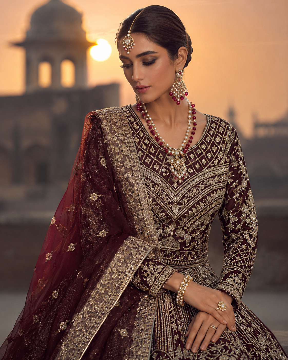Gorgent Deep Red Velvet Bridal Lehenga with Golden Work — SKU P 5033