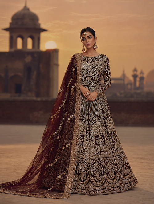 Gorgent Deep Red Velvet Bridal Lehenga with Golden Work — SKU P 5033
