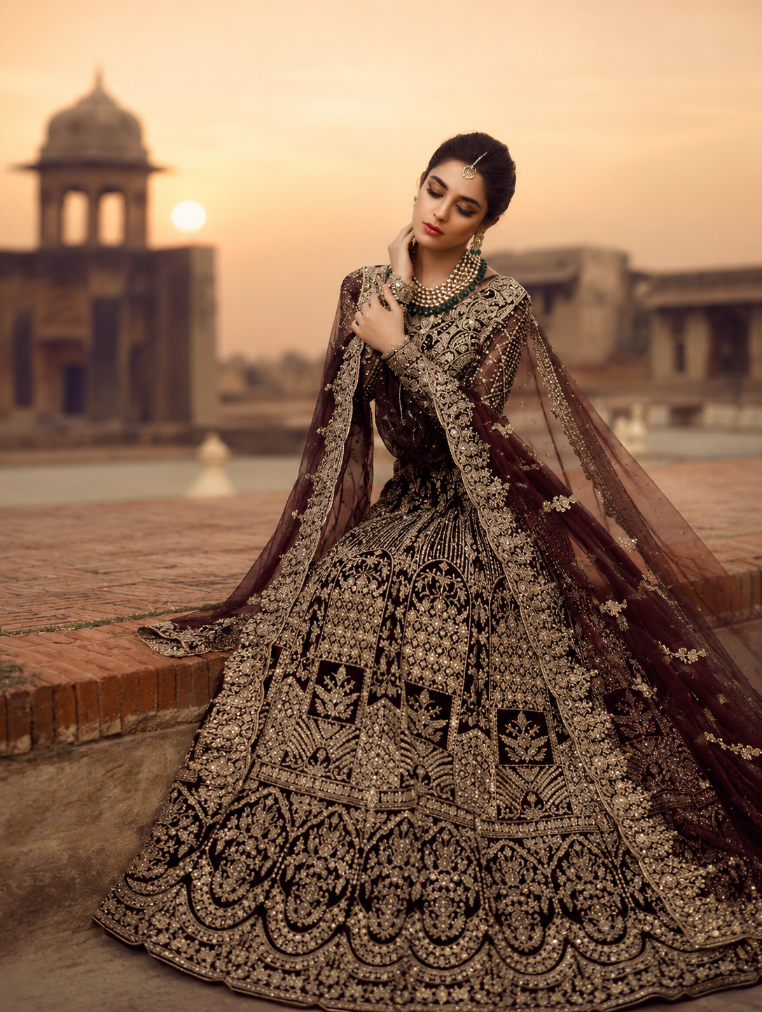 Gorgent Deep Red Velvet Bridal Lehenga with Golden Work — SKU P 5033