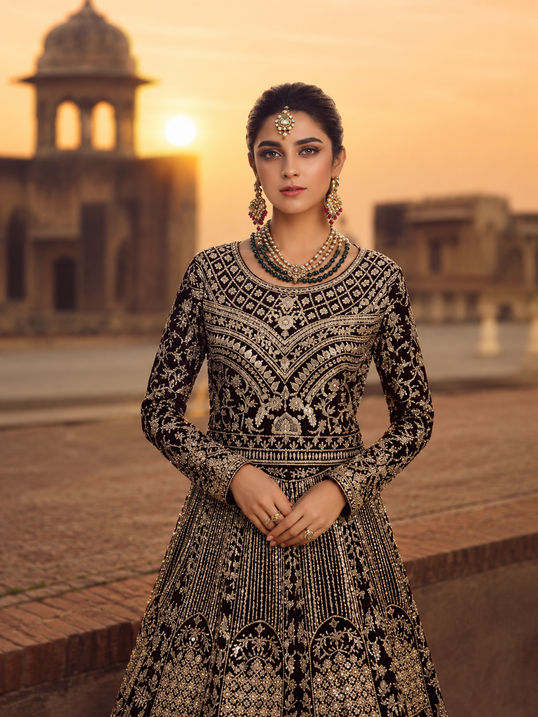 Gorgent Deep Red Velvet Bridal Lehenga with Golden Work — SKU P 5033