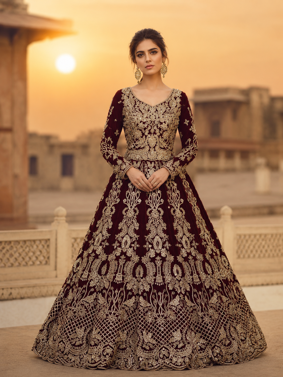 Gorgent Deep Red Velvet Bridal Lehenga with Golden Work — SKU P 5034