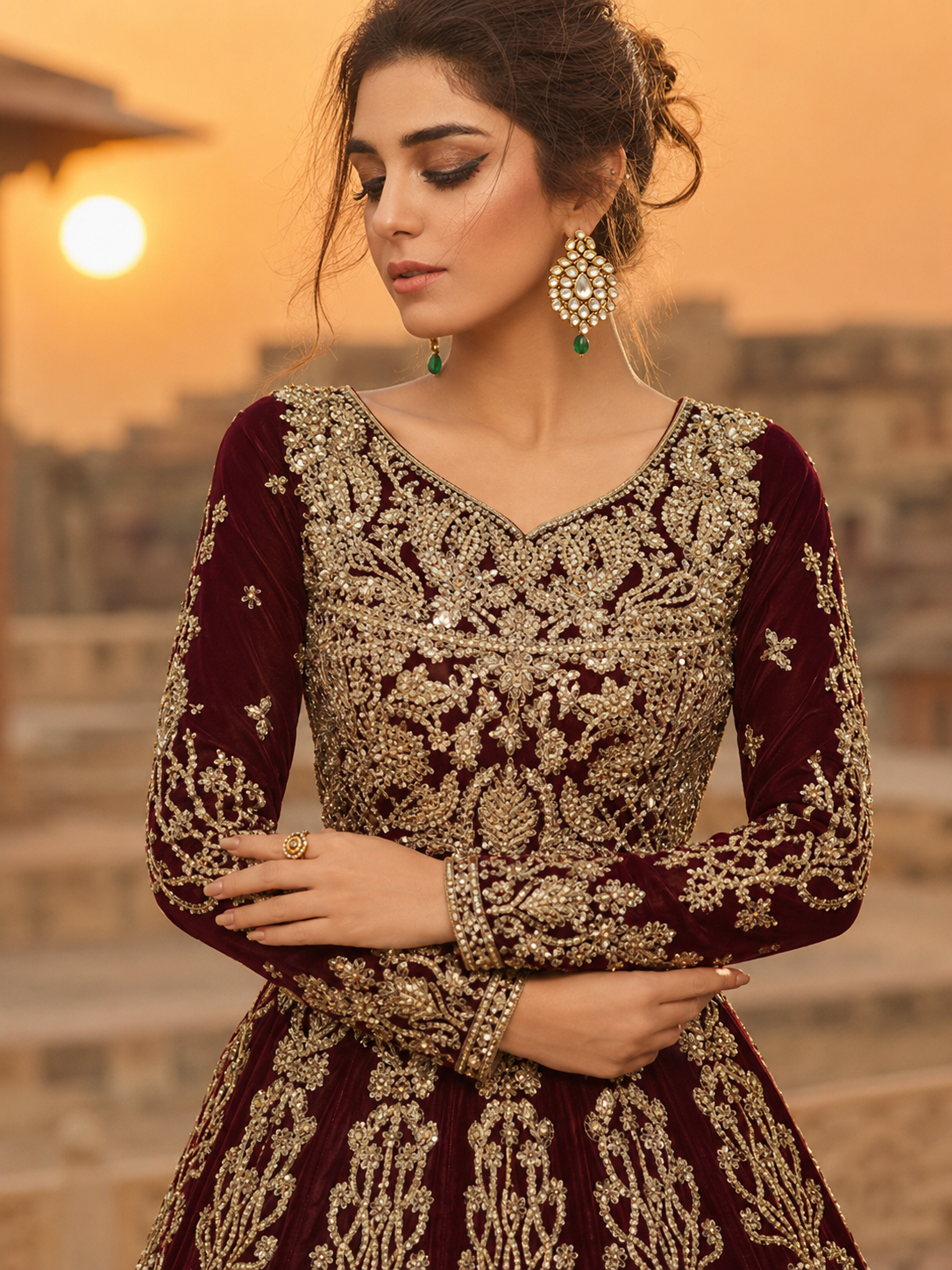 Gorgent Deep Red Velvet Bridal Lehenga with Golden Work — SKU P 5034