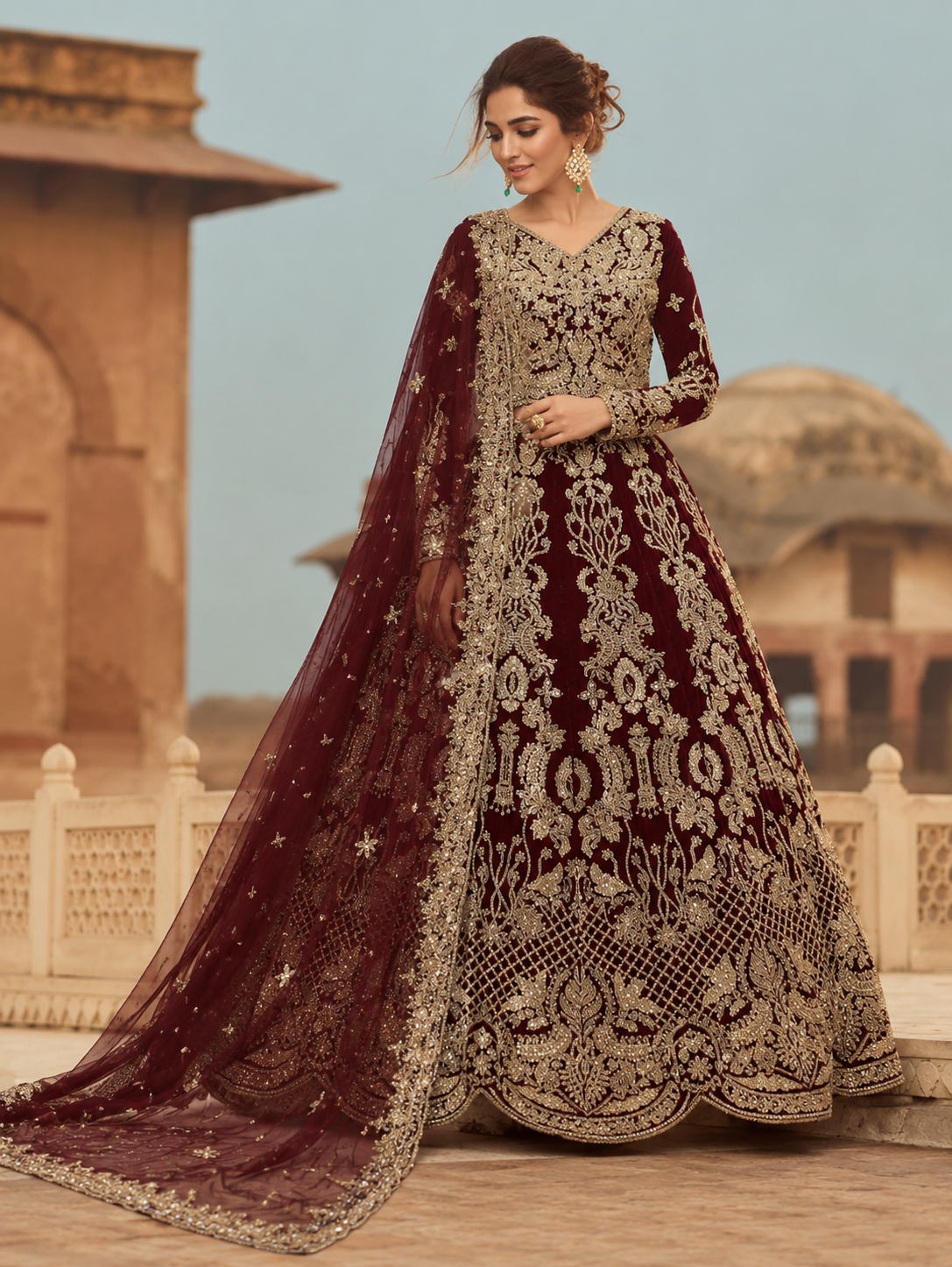 Gorgent Deep Red Velvet Bridal Lehenga with Golden Work — SKU P 5034