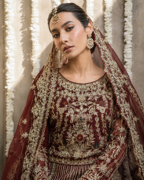 Gorgent Blood Red Velvet Bridal Lehenga with Golden Work — SKU P 5037