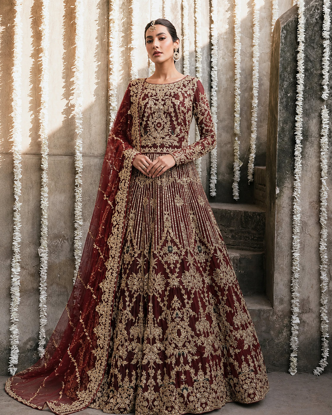 Gorgent Blood Red Velvet Bridal Lehenga with Golden Work — SKU P 5037