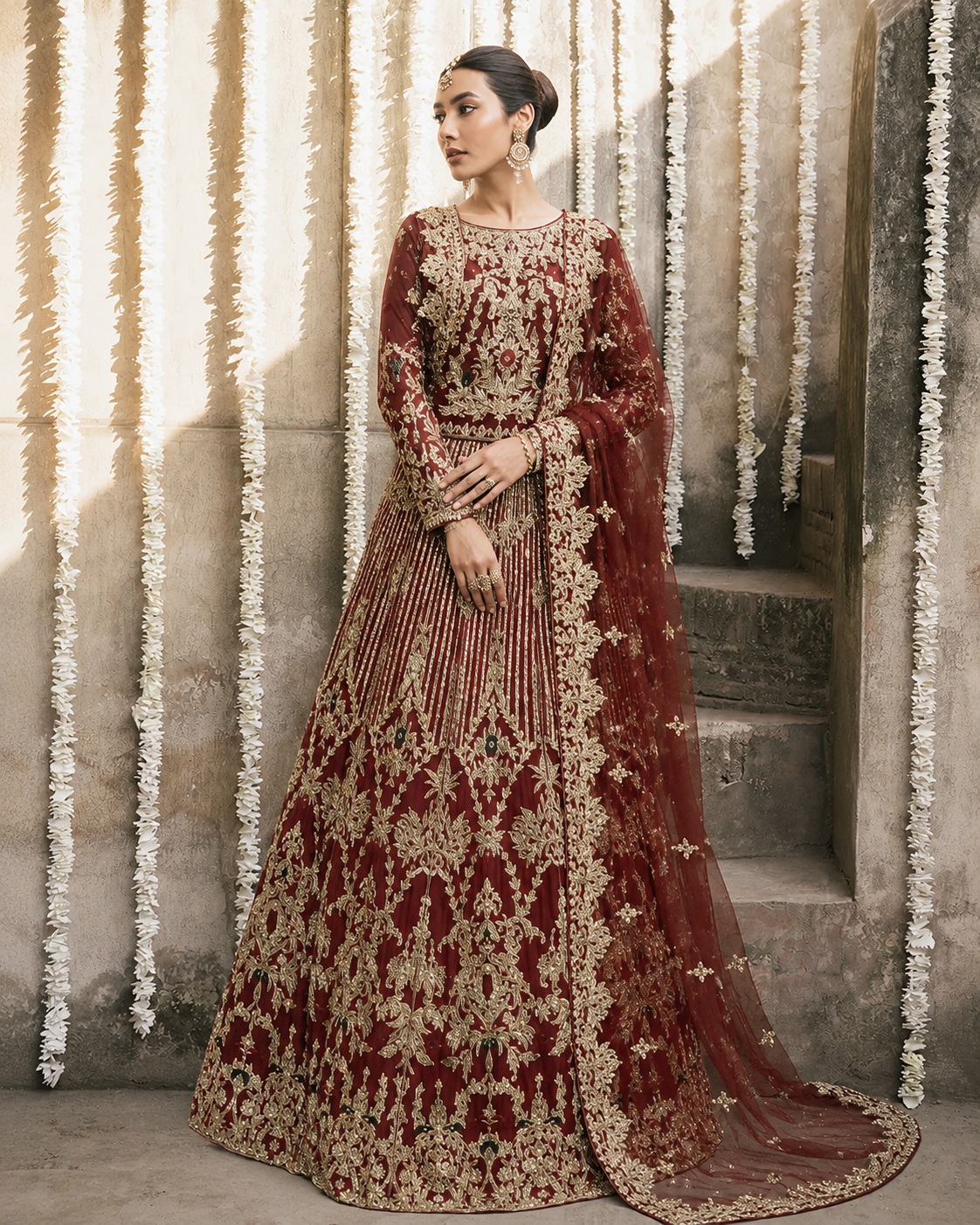 Gorgent Blood Red Velvet Bridal Lehenga with Golden Work — SKU P 5037