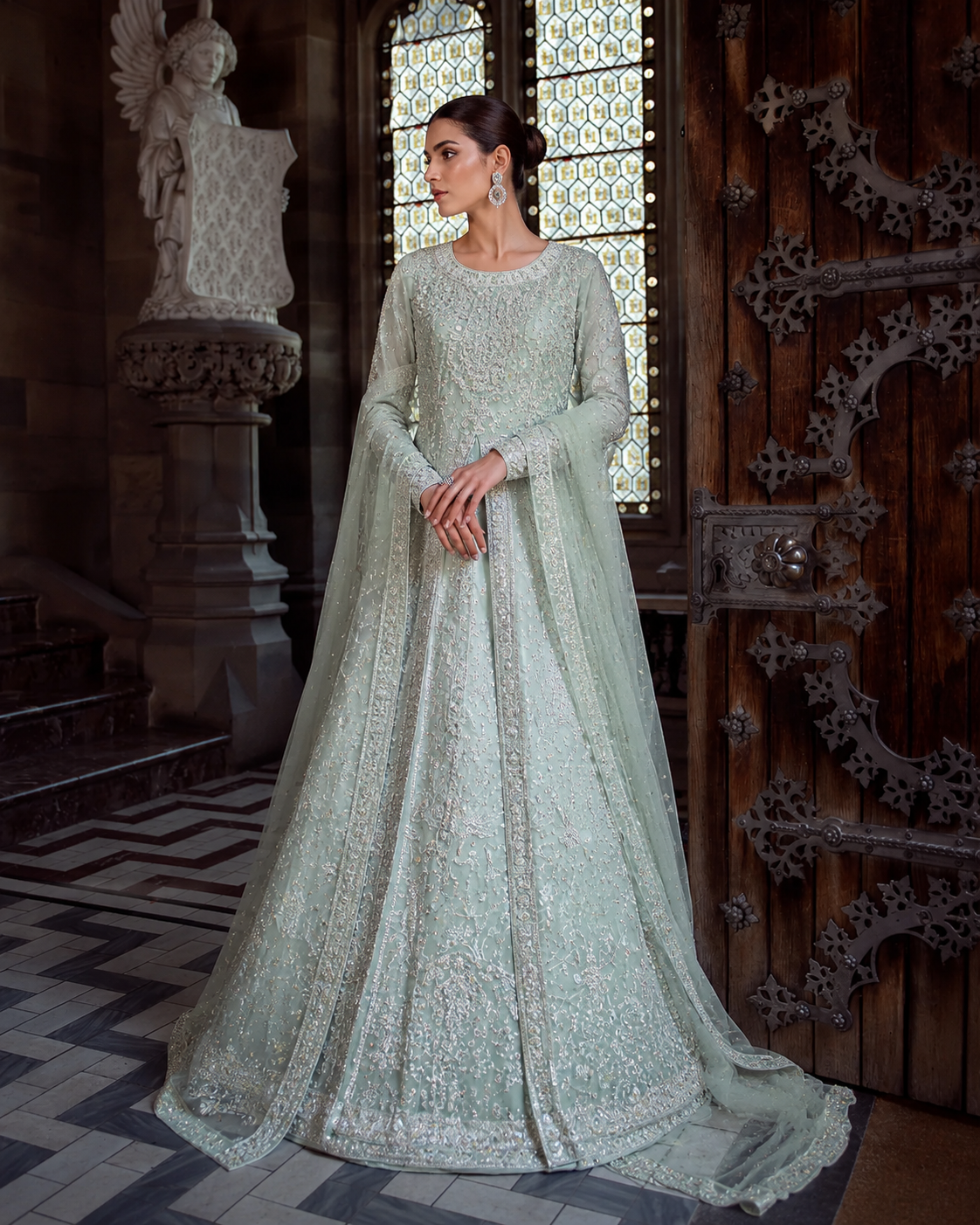 Gorgent Ice Blue Bridal Maxi Open Gown with Silver Work — SKU P 5038