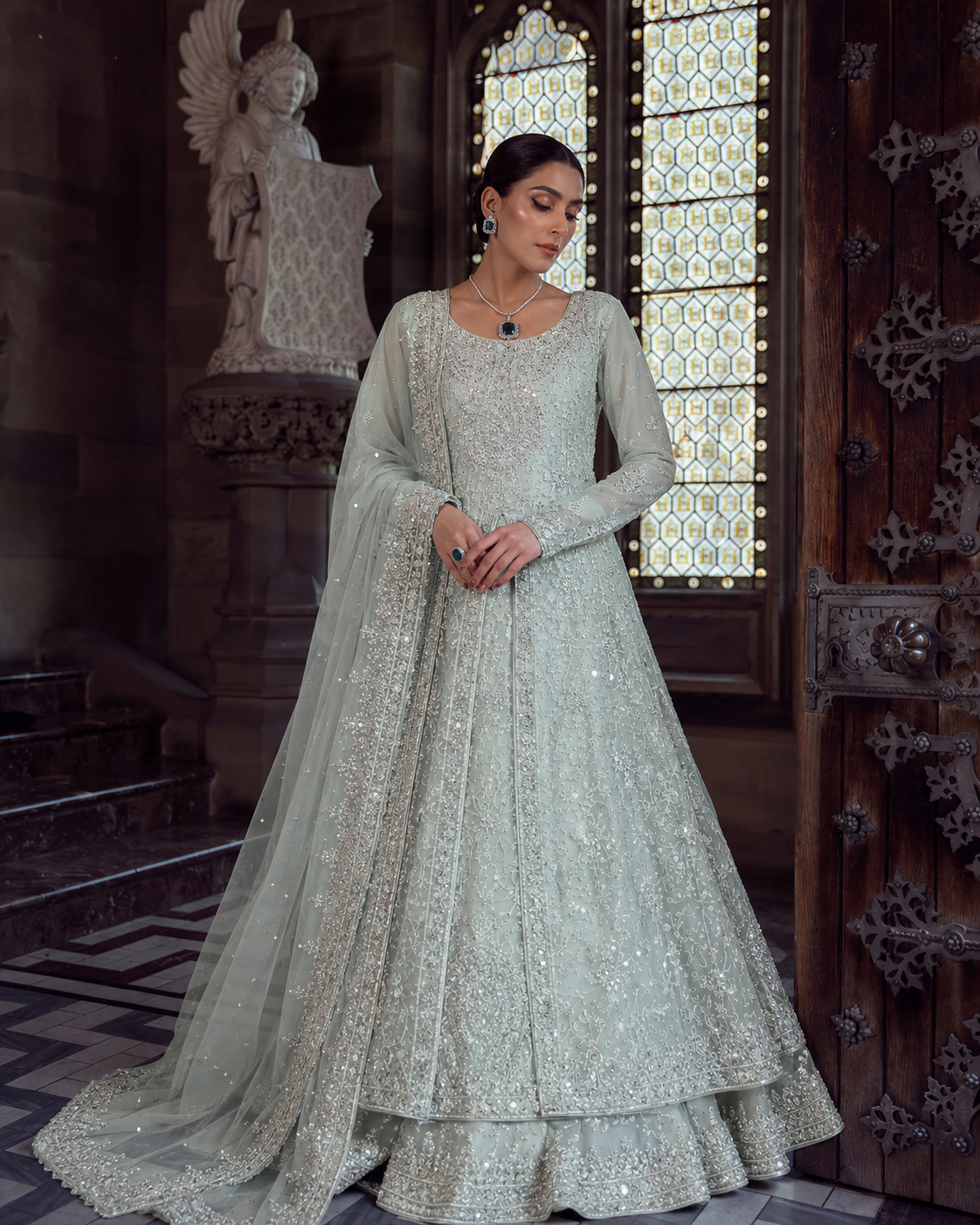 Gorgent Ice Blue Bridal Maxi Open Gown with Silver Work — SKU P 5038