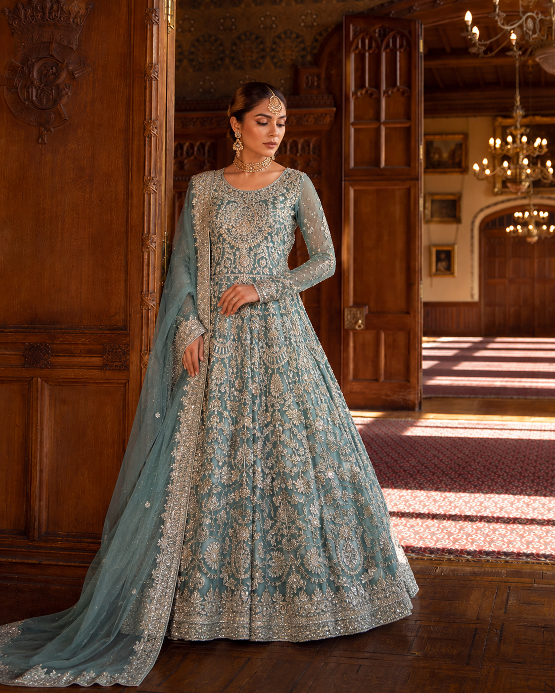 Gorgent Mint Green Bridal Maxi with Silver Work — SKU P 5039