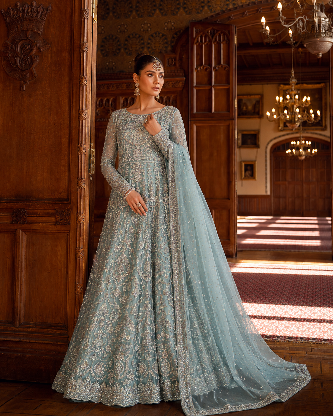Gorgent Mint Green Bridal Maxi with Silver Work — SKU P 5039