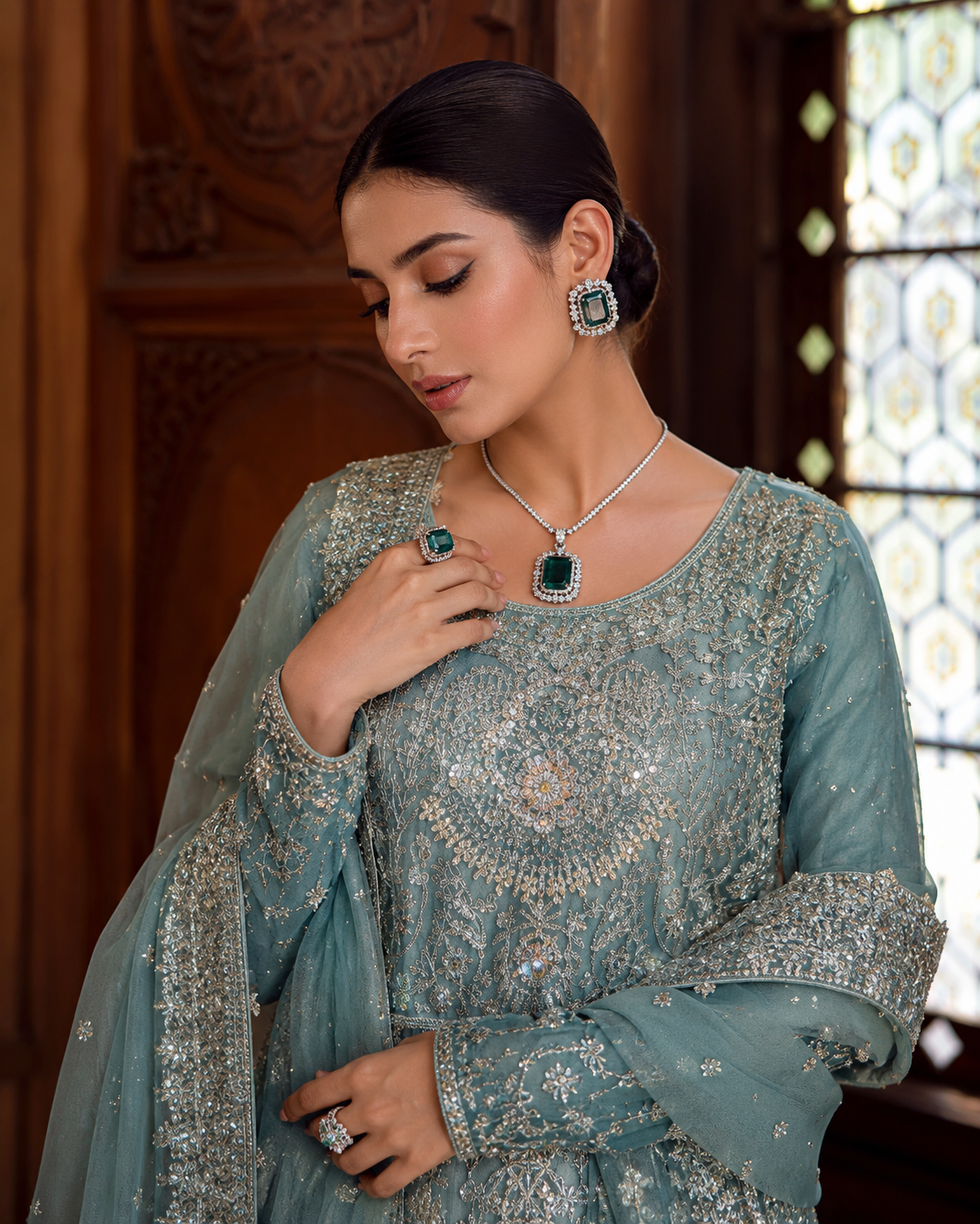 Gorgent Mint Green Bridal Maxi with Silver Work — SKU P 5039