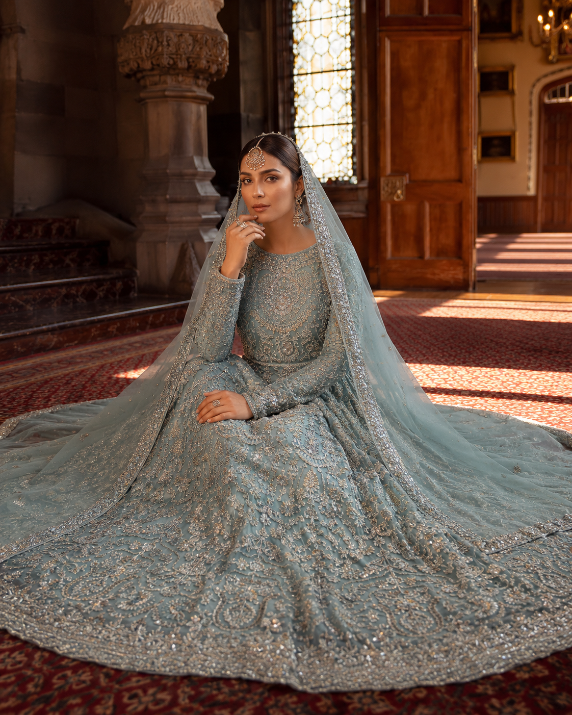 Gorgent Mint Green Bridal Maxi with Silver Work — SKU P 5039