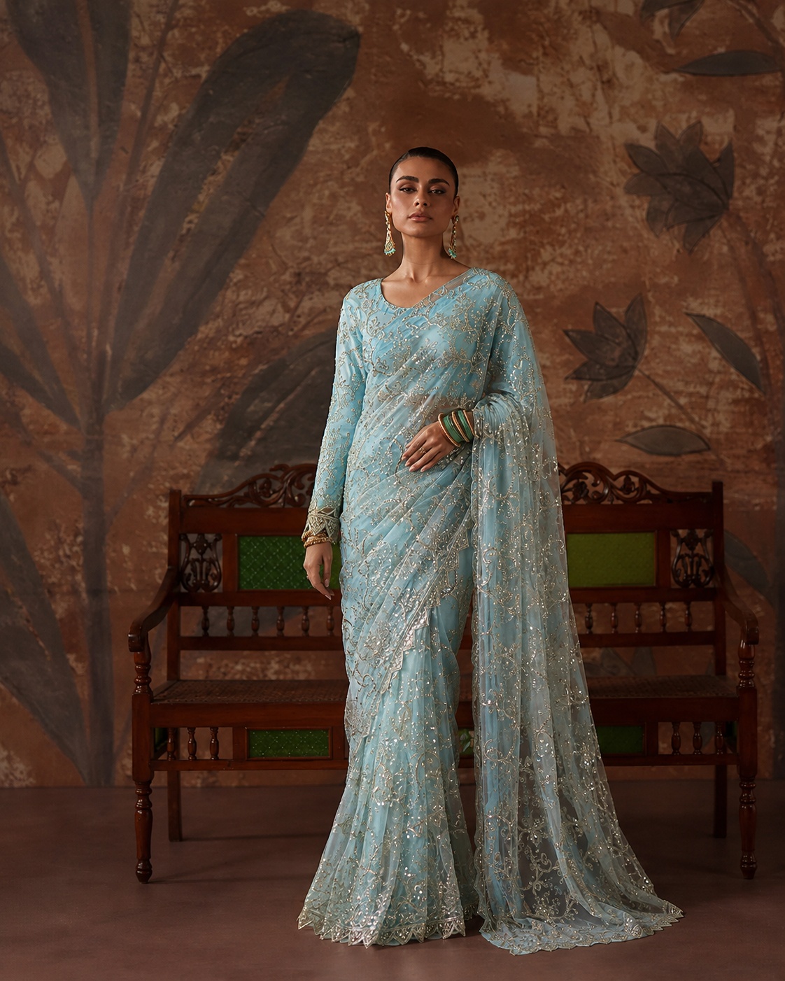 Gorgent Ice Blue Net Saree — SKU P 5201
