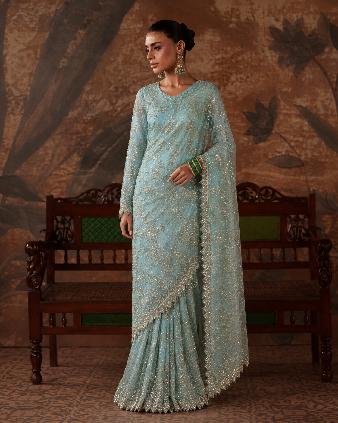 Gorgent Ice Blue Net Saree — SKU P 5201