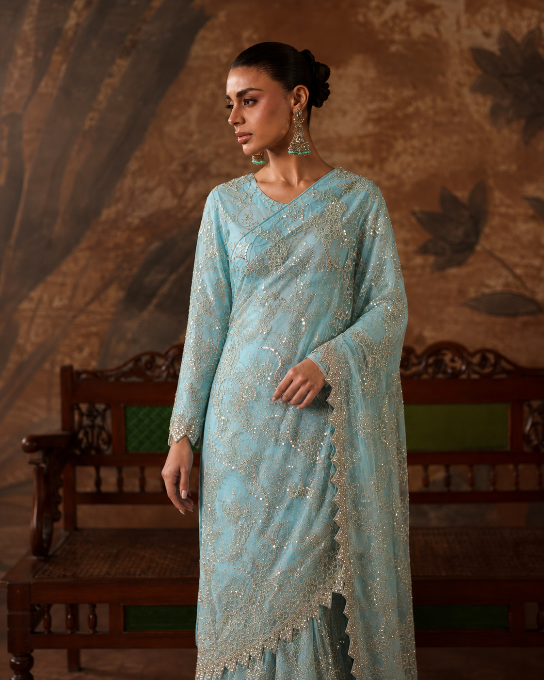 Gorgent Ice Blue Net Saree — SKU P 5201