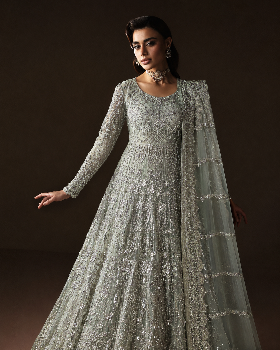 Gorgent Pistachio Bridal Maxi with Back Tail & Multi Dupatta — SKU P 5003