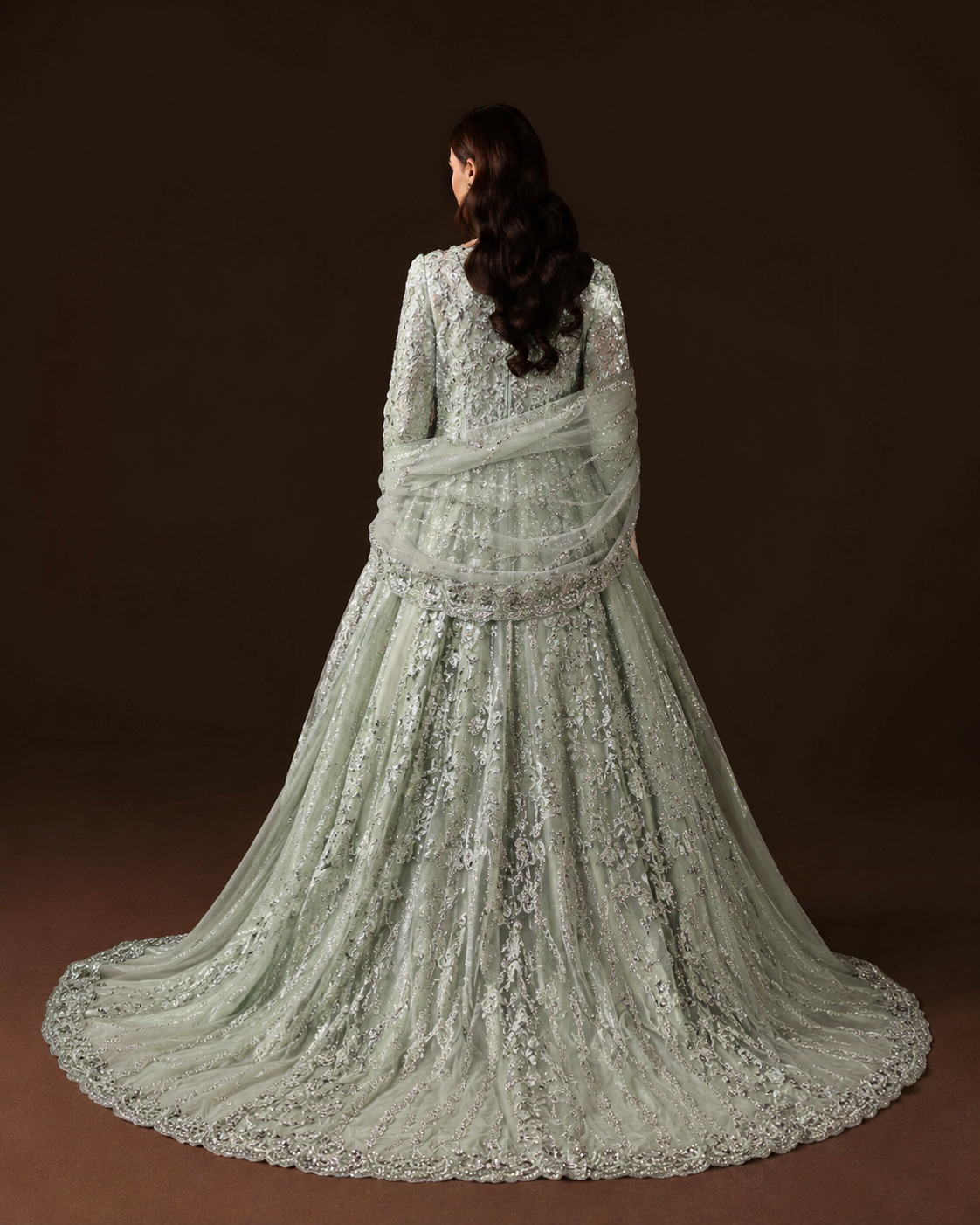 Gorgent Pistachio Bridal Maxi with Back Tail & Multi Dupatta — SKU P 5003