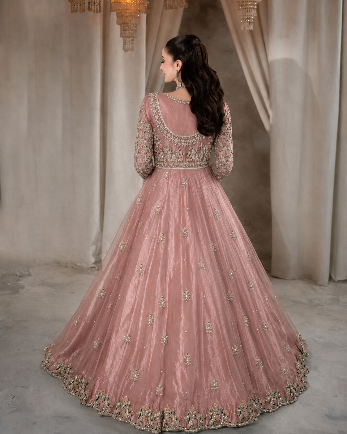 Gorgent Peach Pink Bridal Maxi with Silver & Resham Work — SKU P 5004