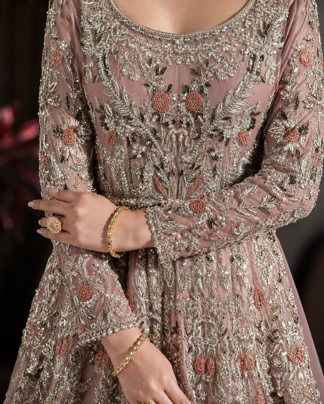 Gorgent Peach Pink Bridal Maxi with Silver & Resham Work — SKU P 5004